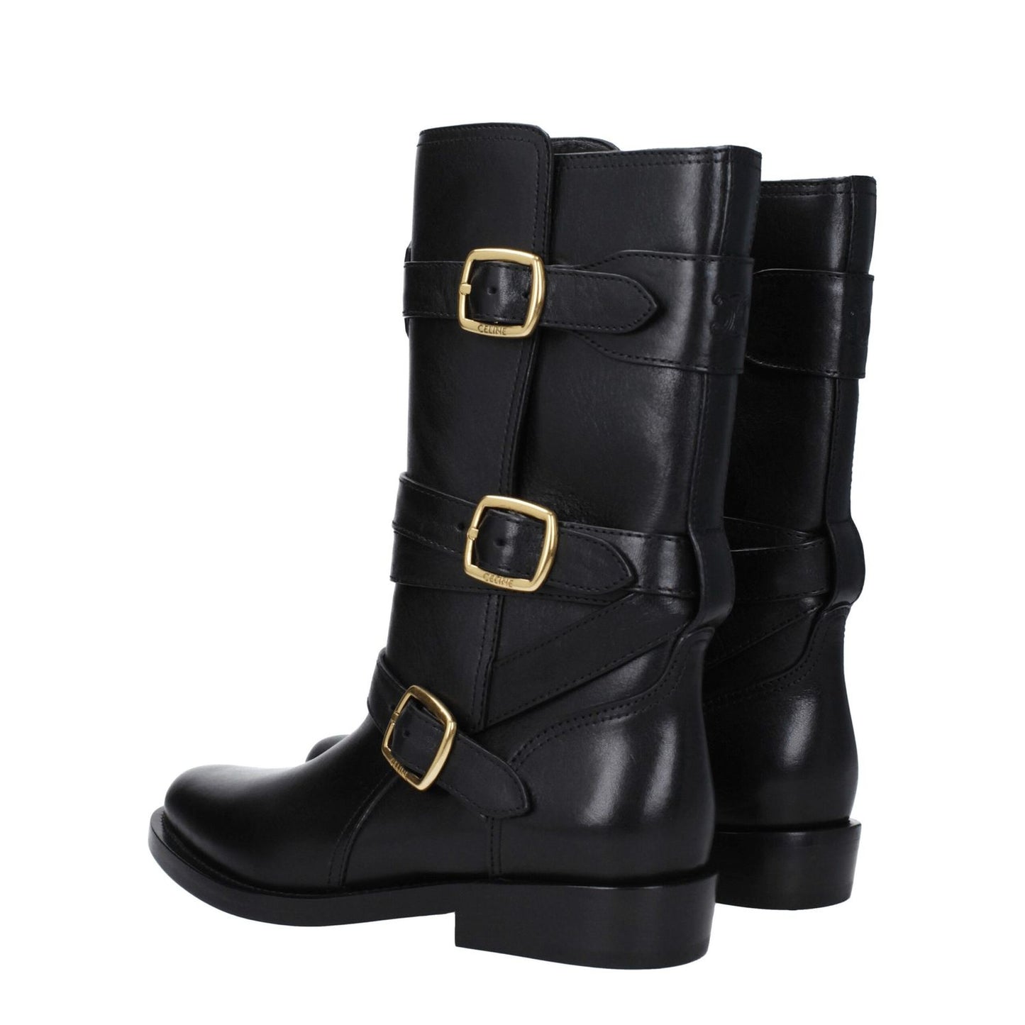 Celine Black Leather Flat Boots with gold buckles, aged and vintage effect, pointy toe, low flat heel, side logo detail.
