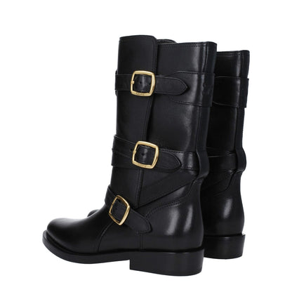 Celine Black Leather Flat Boots with gold buckles, aged and vintage effect, pointy toe, low flat heel, side logo detail.