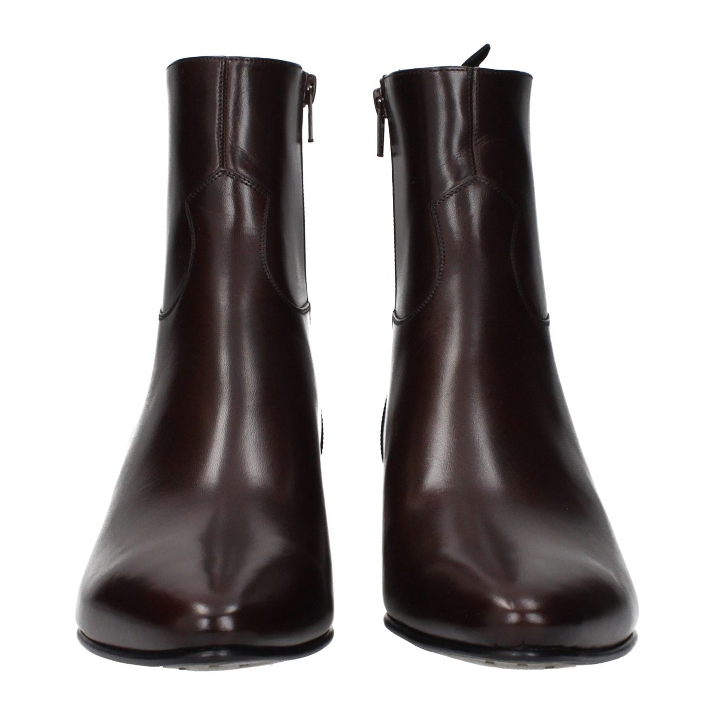 Celine Red Leather Ankle Boots, front view showing vintage effect and zipper detail, stylish design for women.