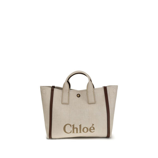 Chloé Beige Cotton Shoulder Bag with tubular handles and button closure, showcasing elegance and practicality.