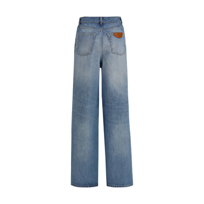 Back view of Chloé Blue Cotton Jeans Denim featuring wide-leg and high-rise design with leather logo label.