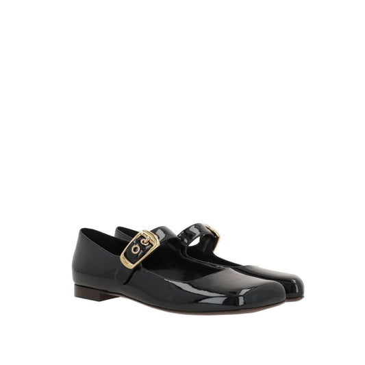 Chloé Chloè Mary-Jane Polly Ballerina Flats in black calf leather with oversized gold buckle and asymmetrical toe design