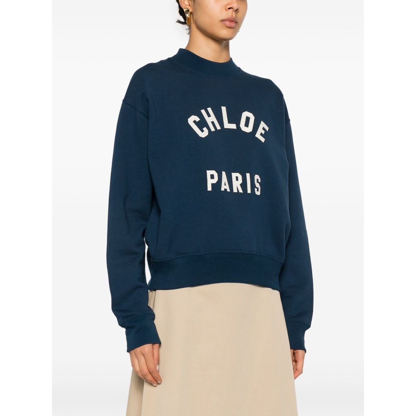 Chloé Chloè Sweaters Blue cotton jersey with logo patch, mock neck, long sleeves, straight hem; model wearing size S, true to size fit.