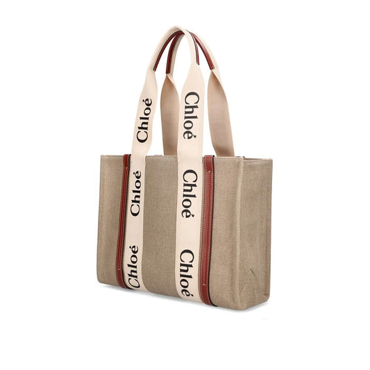 Chloé Chloe Woody Medium Tote Bag with linen composition, leather detail, and double shoulder strap. Made in Italy for women.
