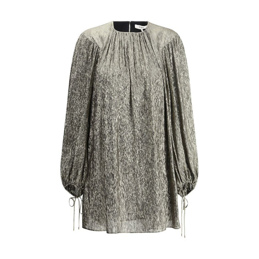 Chloé Gold Silk Cocktail Dress with puff sleeves and crew neck, featuring a shimmering silk lamé fabric for sophisticated evening wear.
