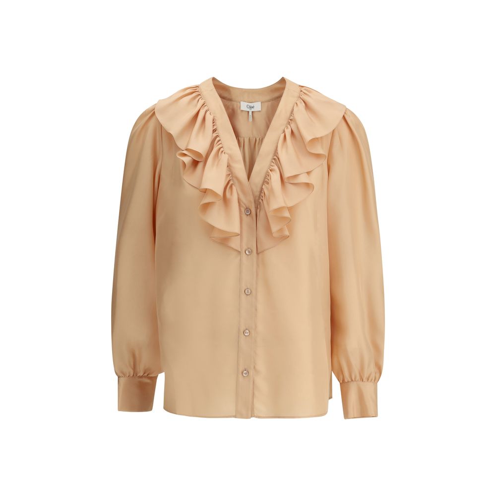 Chloé Ruffle Shirt in Habotai Silk with V-neckline and mother-of-pearl buttons, featuring elegant ruffles for a sophisticated look.