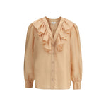 Chloé Ruffle Shirt in Habotai Silk with V-neckline and mother-of-pearl buttons, featuring elegant ruffles for a sophisticated look.