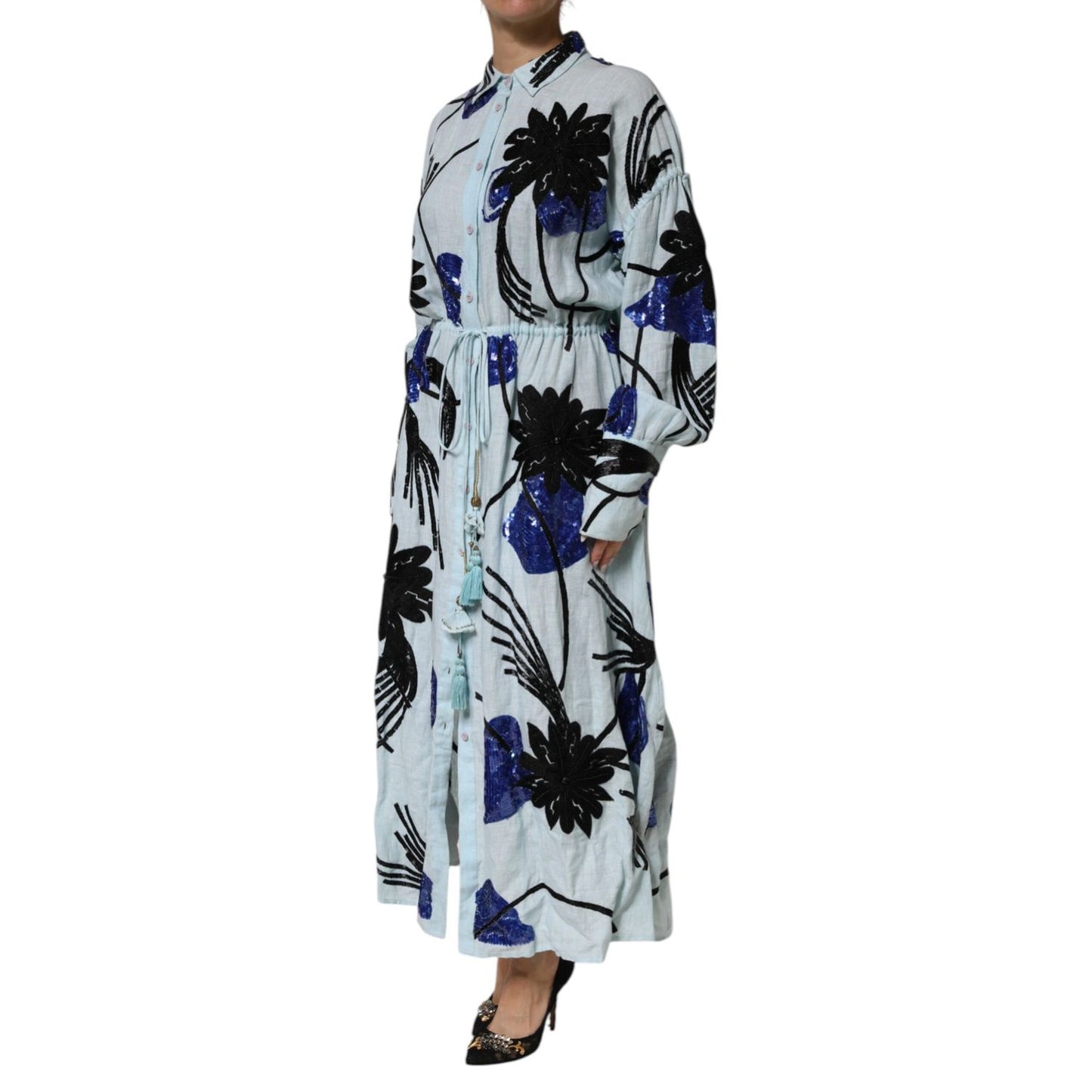 Christian Pellizzari Blue Sequin Embellished Shirt Maxi Dress