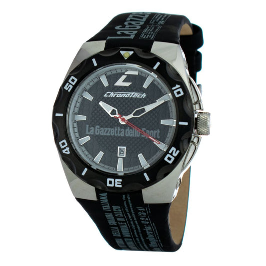 Chronotech Black Leather Sport Watch with silver steel case, quartz mechanism, black dial, and mineral glass, 43mm diameter