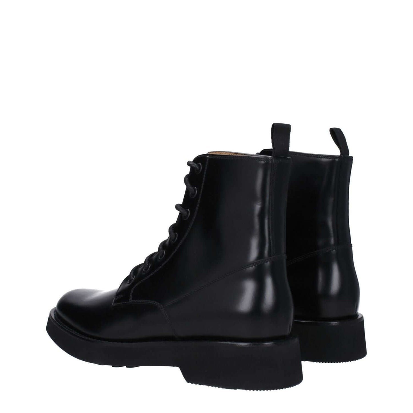 Church's Black Leather Ankle Boots with a lace-up closure, aged effect, and round toe, featuring a rubber sole and low flat heel.