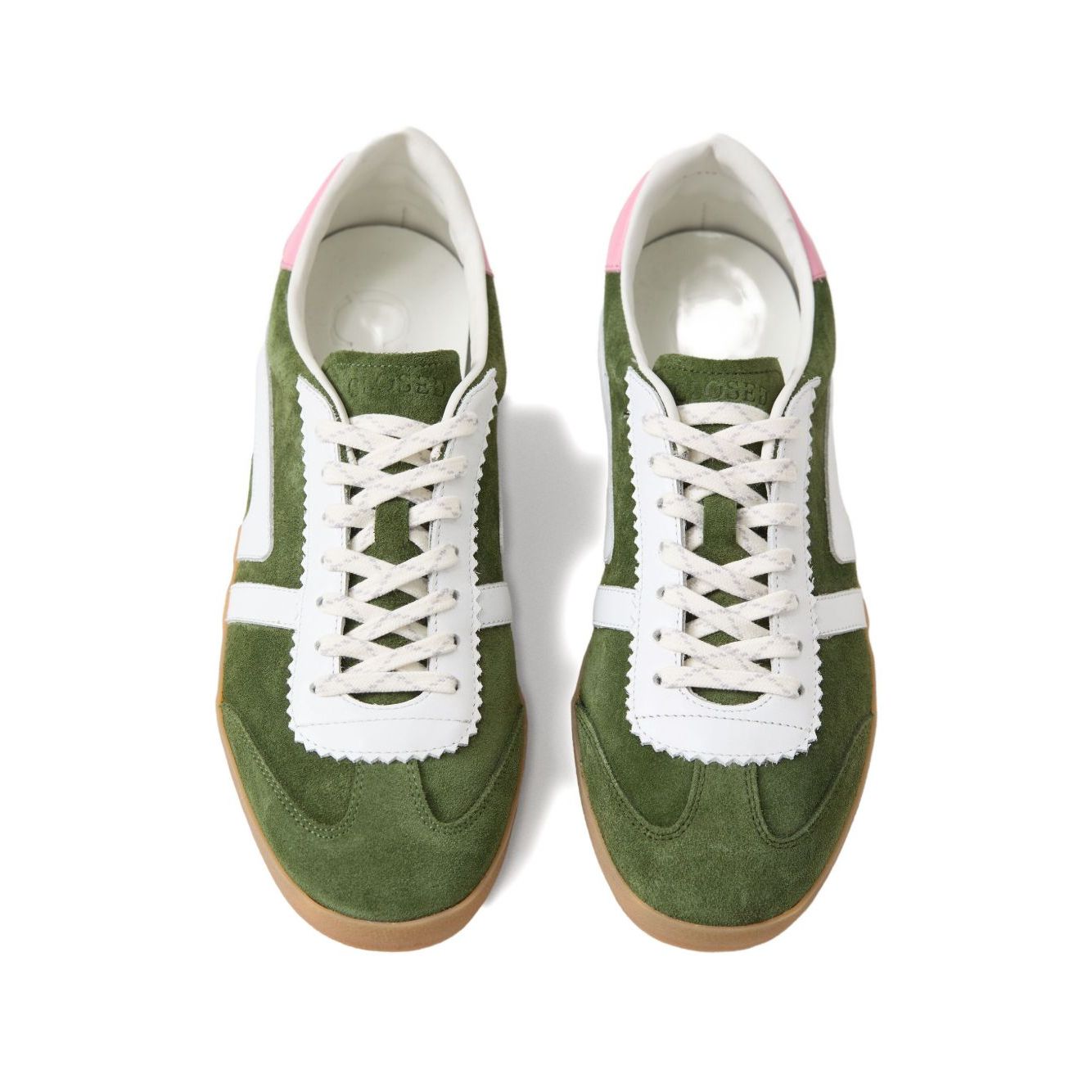 Olive green leather Closed Sneakers Green with front lace-up and gum-rubber sole, contrasting trim, viewed from above.