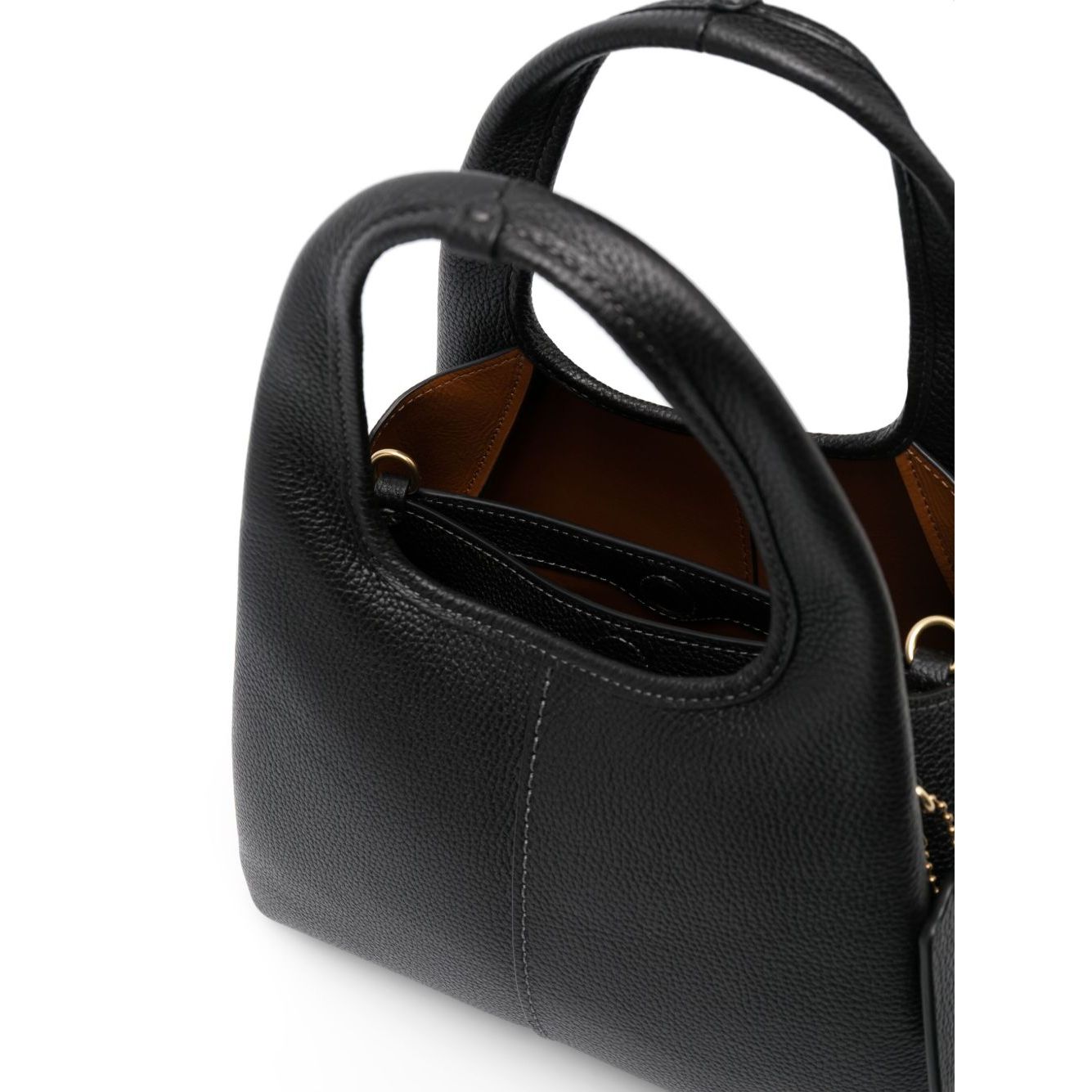 Coach Lana 25 leather crossbody bag with black pebble texture, gold-tone hardware, and circular handles.
