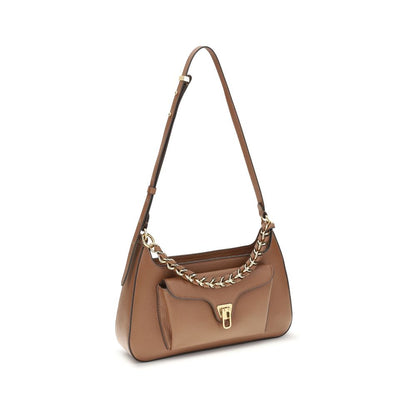 Coccinelle Beige Calf Leather Bos Taurus Shoulder Bag with gold chain handle, front pocket, and adjustable strap.