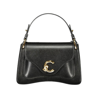 Coccinelle Black Leather Women Handbag with logo, single shoulder handle, and swivel closure, showcasing chic sophistication.