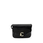 Coccinelle C-Me Patent Shoulder Bag in black patent leather with iconic logo plaque and magnetic flap closure, elegant and versatile design.