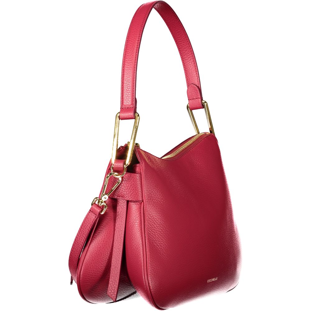 Coccinelle Red Leather Handbag with shoulder handle, zip closure, logo, internal pocket, and document holder space.