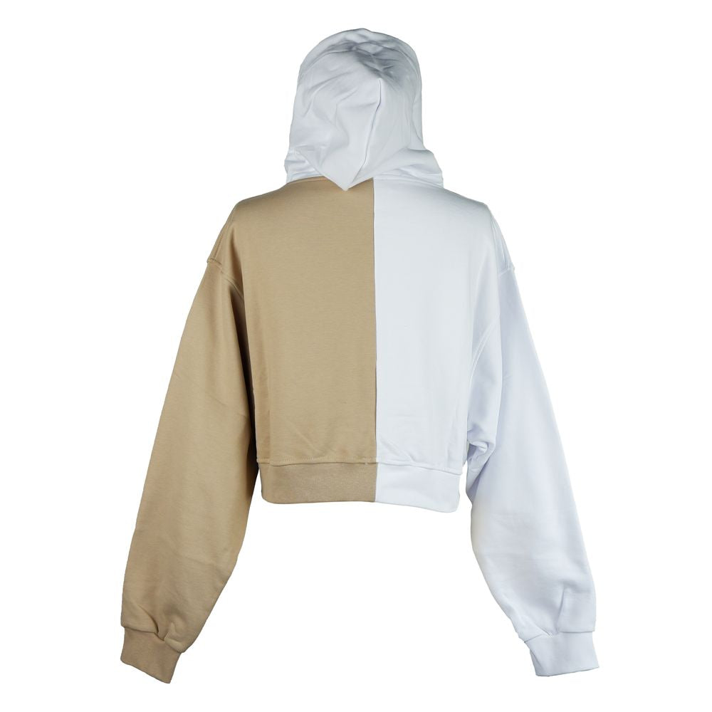 Back view of Comme Des Fuckdown Chic Two-Tone Graphic Hooded Sweatshirt in white and tan, showcasing color contrast and hood design.