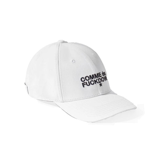 Comme Des Fuckdown White Cotton Hat with logo on front, beak visor design