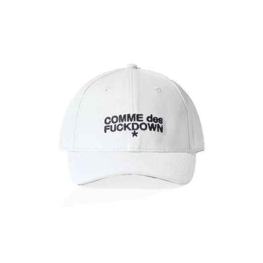 Comme Des Fuckdown White Cotton Hat with logo on front, featuring white colored beak visor, shown in a centered front view.