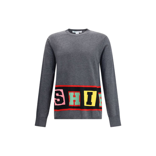 Comme Des Garçons Gray Marabou Sweatshirt with colorful lettering and long sleeves, perfect for a contemporary and minimalist style.