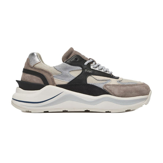 D.A.T.E Beige Leather Sneaker in beige fabric with brown suede and metalized heel, highlighting stylish design and comfort.