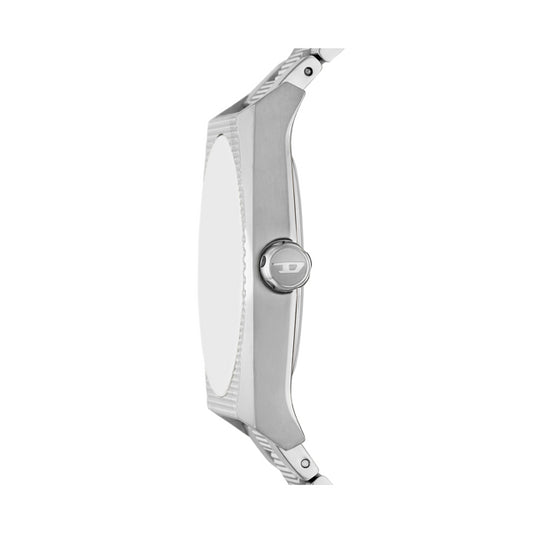Side view of DIESEL Mod. SCRAPER gent wristwatch with 43mm case, showcasing the sleek design and official packaging.