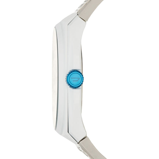 Side view of DIESEL Mod. STIGG wristwatch with 48mm stainless steel case and water resistance of 10 ATM, featuring blue crown.