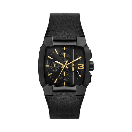 DIESEL Mod. CLIFFHANGER wristwatch with black leather strap, 40mm IP brown stainless steel case, quartz movement, and mineral dial in an official box.