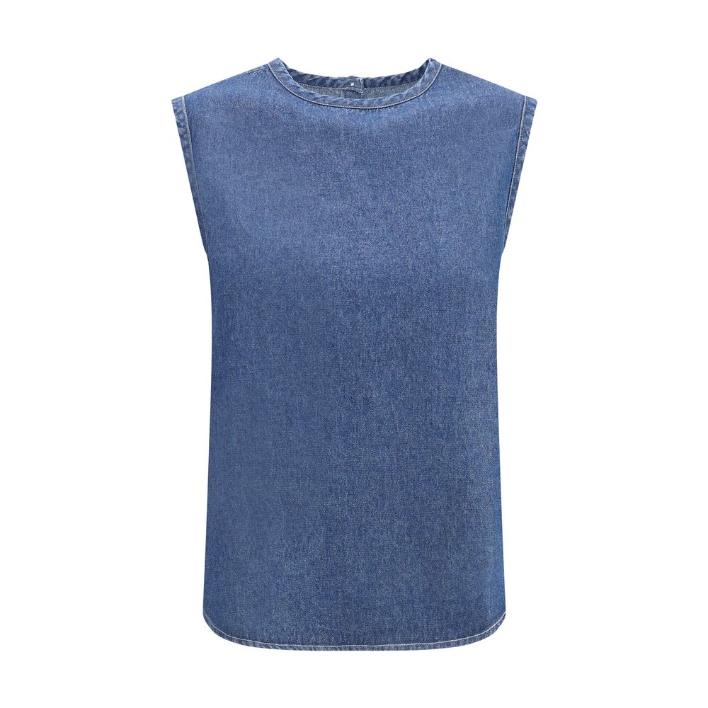 Front view of Deperlu Cotton Top featuring crew neck and sleeveless design for summer, with elegant striped print and back button closure.