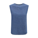 Front view of Deperlu Cotton Top featuring crew neck and sleeveless design for summer, with elegant striped print and back button closure.