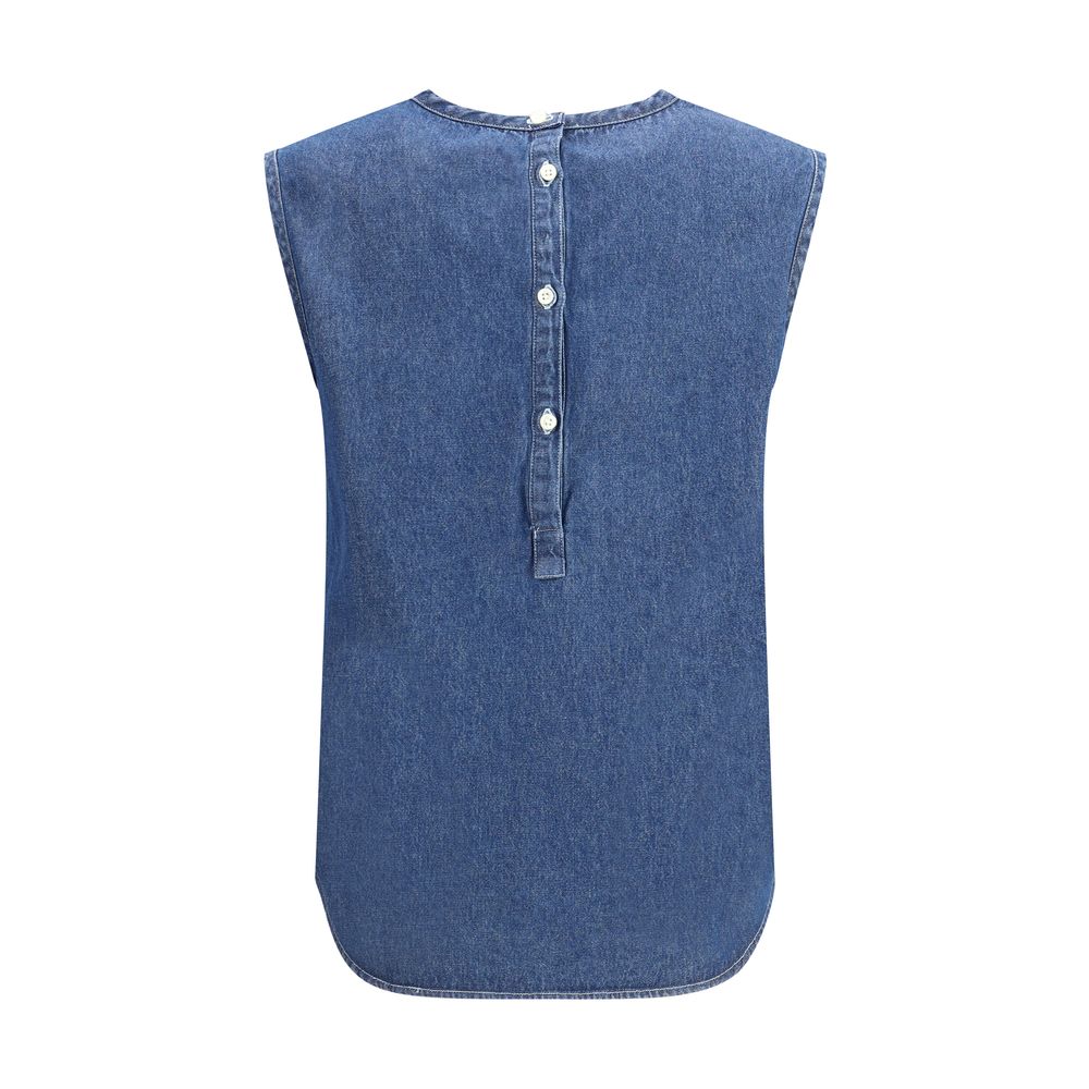 Back view of Deperlu Cotton Top with back button closure, sleeveless design, in blue denim style, SS25 collection.
