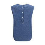 Back view of Deperlu Cotton Top with back button closure, sleeveless design, in blue denim style, SS25 collection.