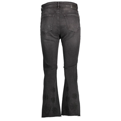 Desigual Black Cotton Women Jeans with intricate embroidery, showcasing unique style and comfort from the back view.