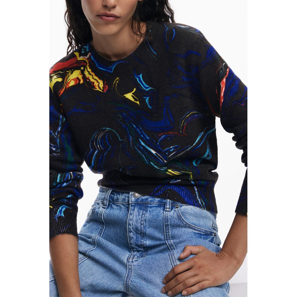 Desigual Black Polyamide Women Sweater with Butterfly Lacroix pattern, crew neck design, and comfortable fit.