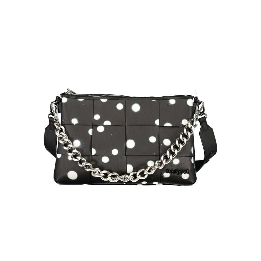 Desigual Black Polyethylene Handbag with polka dots, removable chain shoulder handle, adjustable strap, and logo detail.