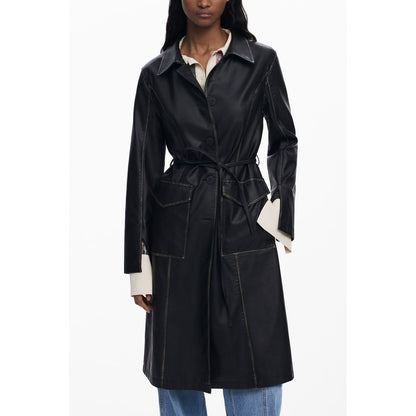 Desigual Black Polyethylene Women Coat with waist-cinching belt and contrasting accents.