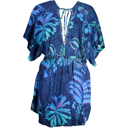 Desigual Blue Cotton Women Dress with floral pattern and V-neck, featuring short sleeves and elastic waist for a stylish look.