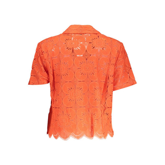 Desigual Orange Cotton Shirt with short sleeves, V neckline, 1 breast pocket, contrasting details, and logo, perfect for summer style.