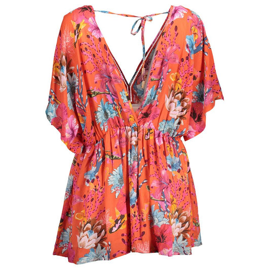 Desigual Red Viscose Women Dress with floral pattern and V-neckline, chic short sleeves, showcasing bold fashion style.