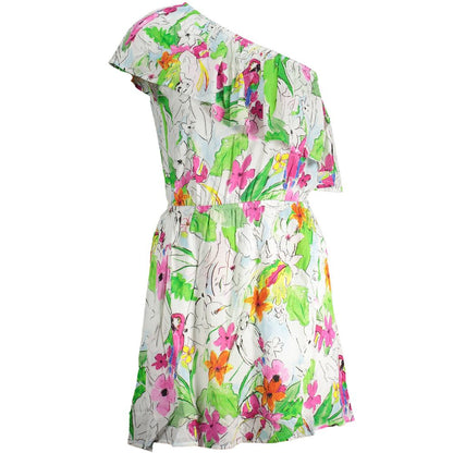 Desigual White Viscose Women Dress with floral one-shoulder design and elastic waist, perfect for modern feminine style.