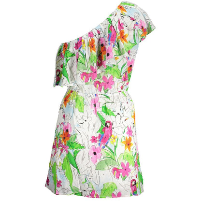 Desigual White Viscose Women Dress with floral print and one-shoulder design showcasing modern style and elegant detailing.
