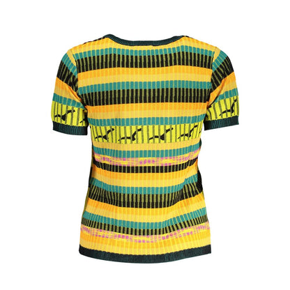 Desigual Yellow Viscose Women Sweater with contrasting stripes, showcasing vibrant design and signature logo for unique style