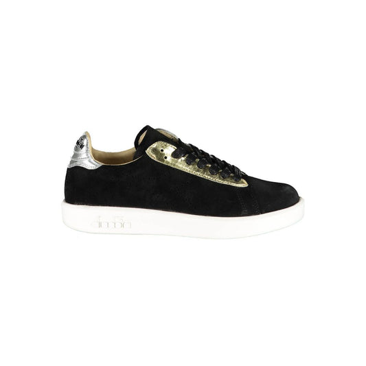 Diadora Black Leather Women Sneaker with logo, lace-up design, crafted in Portugal for comfort and style.