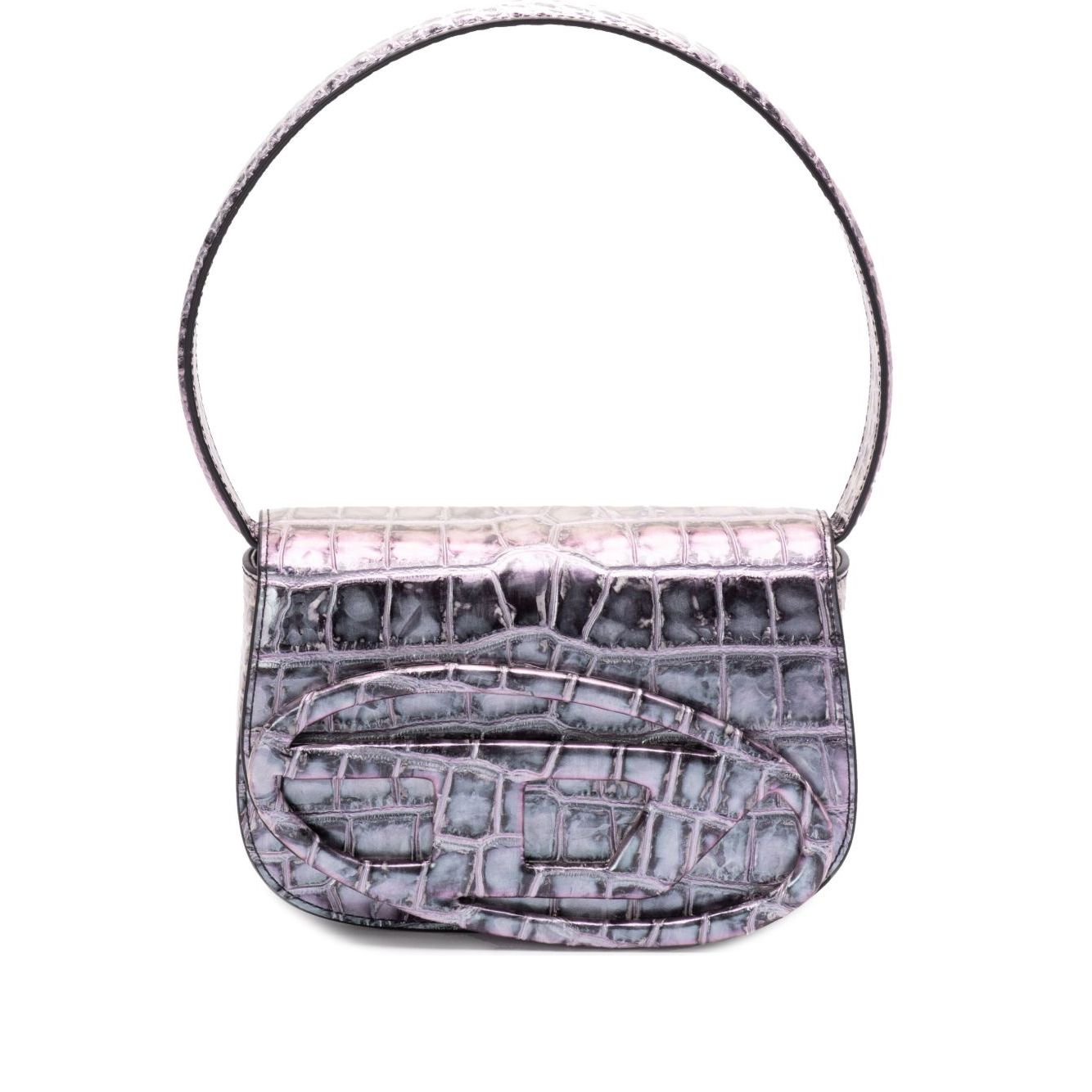 Diesel 1DR Tote Bag in blue crocodile embossing with detachable strap, foldover top, and single handle, 1DR leather shoulder bag.