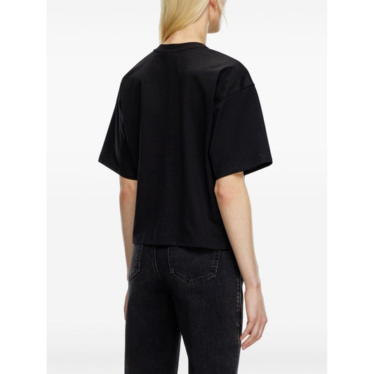Back view of black Diesel T-shirts and Polos Black, organic cotton, jet black jersey, cropped T-Buxt-Crop, crew neck, drop shoulder.