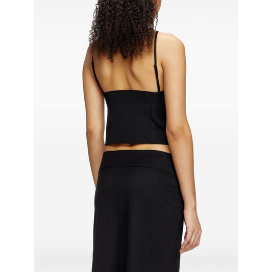 Alt Tag: Diesel Top Black with stretch design, halterneck, and spaghetti straps, featuring Oval D logo plaque, wool blend, cropped style.