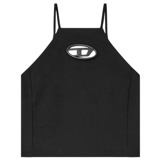 Diesel Top Black with halterneck, adjustable spaghetti straps, and Oval D logo plaque on a wool blend fabric.