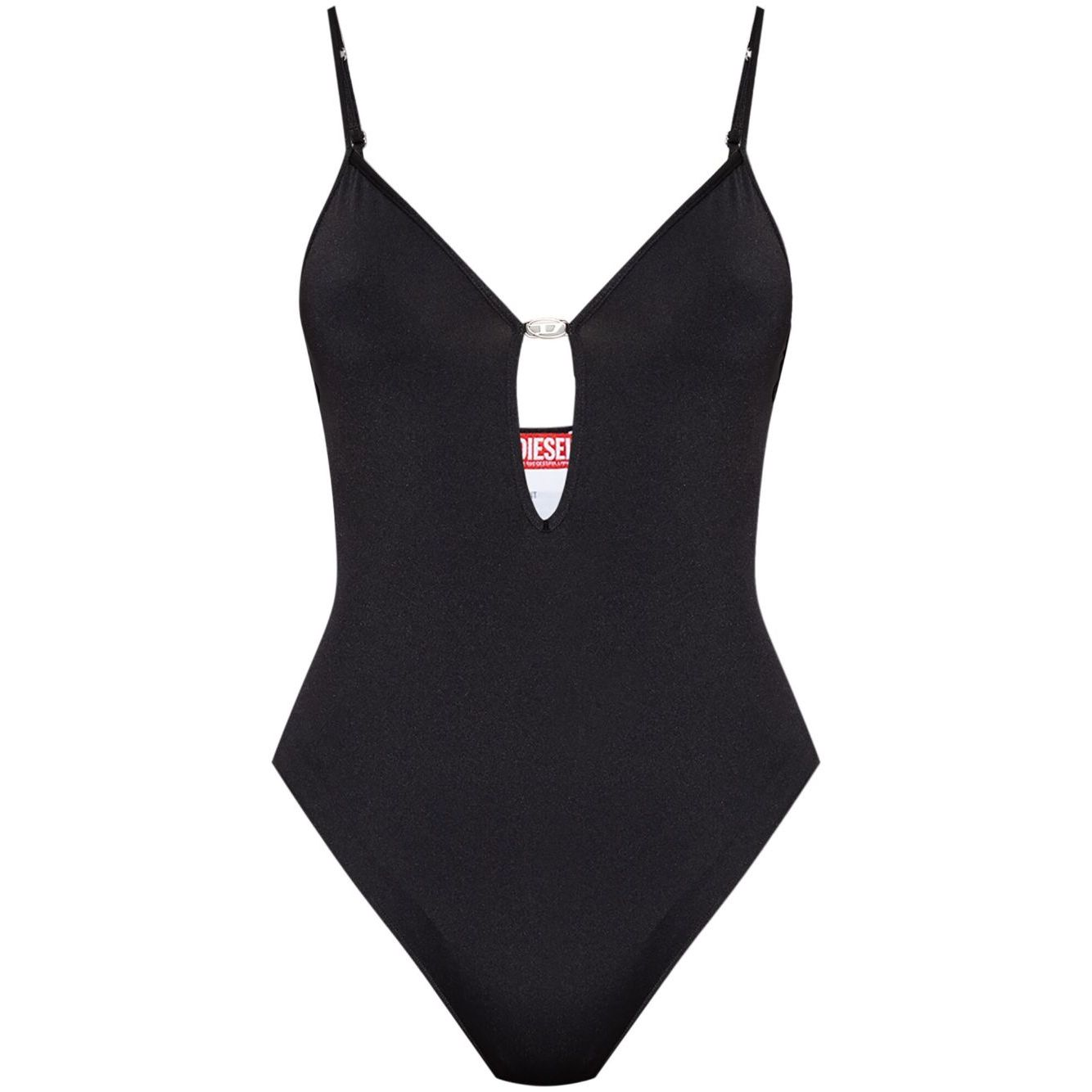 Diesel Underwear Black bodysuit with adjustable spaghetti straps and low back design, featuring an Oval-D cutout.