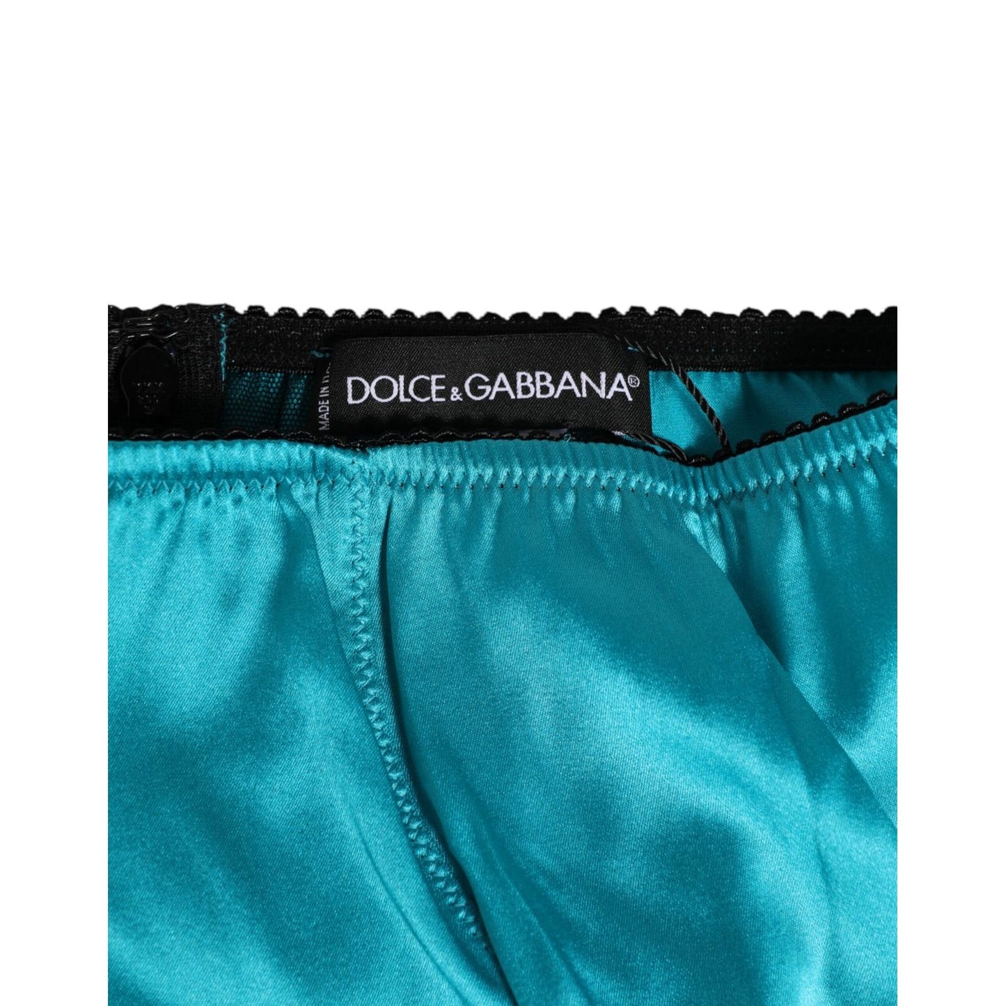 Dolce & Gabbana Aqua Green Satin High-Waist Briefs Underwear, luxury silk blend with brand logo, elegant Italian design.