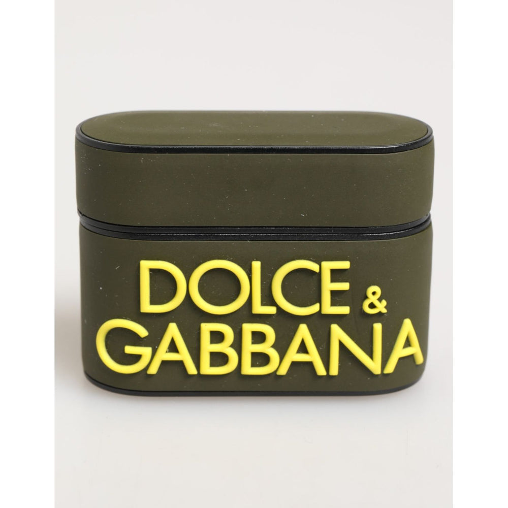 Dolce & Gabbana Army Green Rubber Logo Embossed Accessory Airpods Case in army green with yellow logo, stylish protection for AirPods.